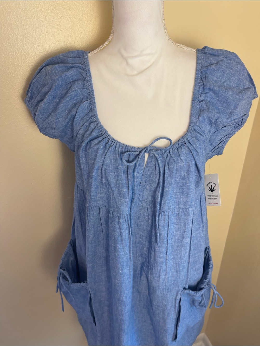 Lucky Brand Blue Casual Mini Dress Hemp Cotton Coastal Puff Sleeves Summer L NWT - Picture 6 of 14